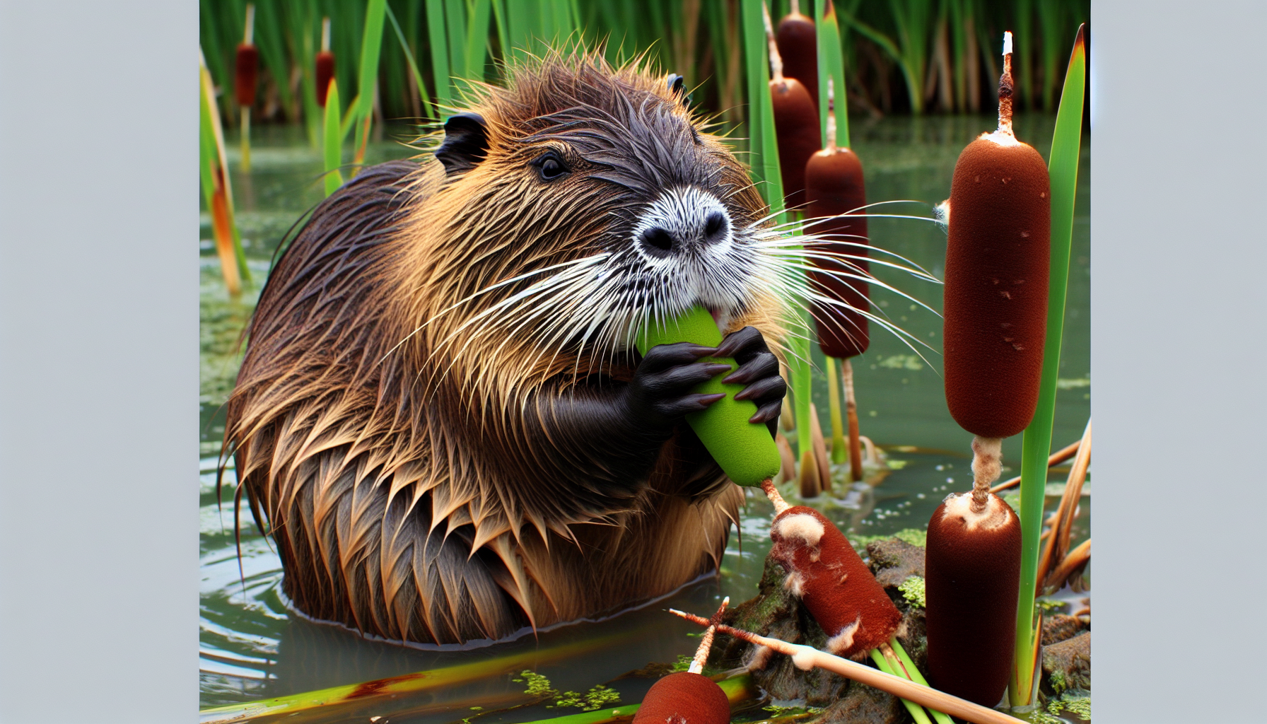 Nutria feeding on cattails